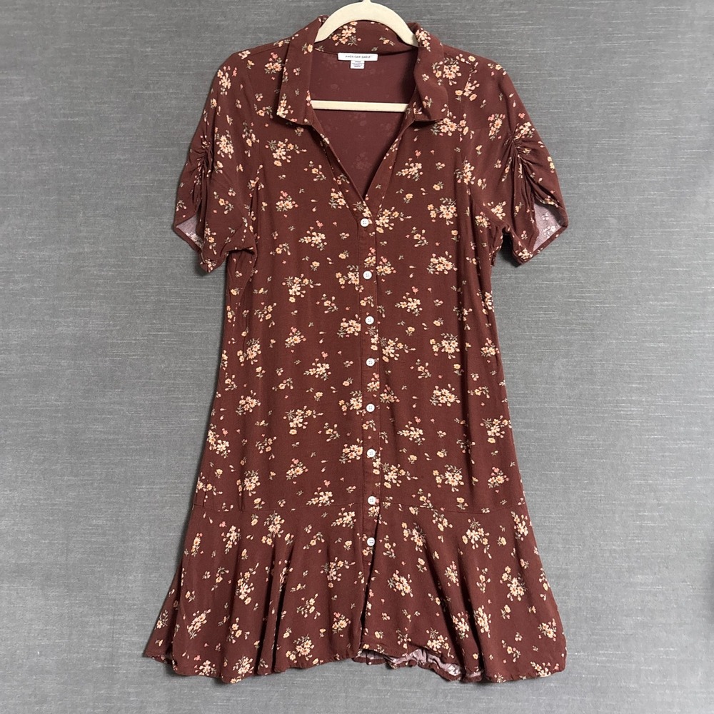 American Eagle Dress M Brown Ditzy Floral Shirtdress Ruffle Shift 90s y2k Retro